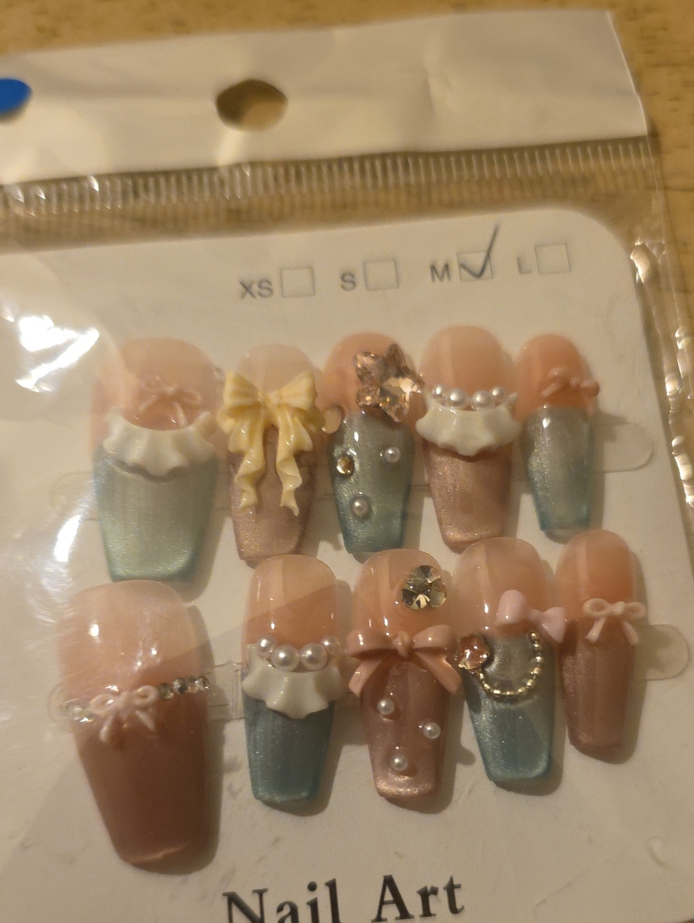 Elegant Pearl & Bow Press-On Nails in Pink, Blue and Cream